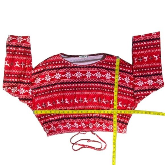 Christmas Crop Top Holiday Tee Blouse Shirt Long Sleeve Stretchy Red White 1XL - Picture 4 of 16